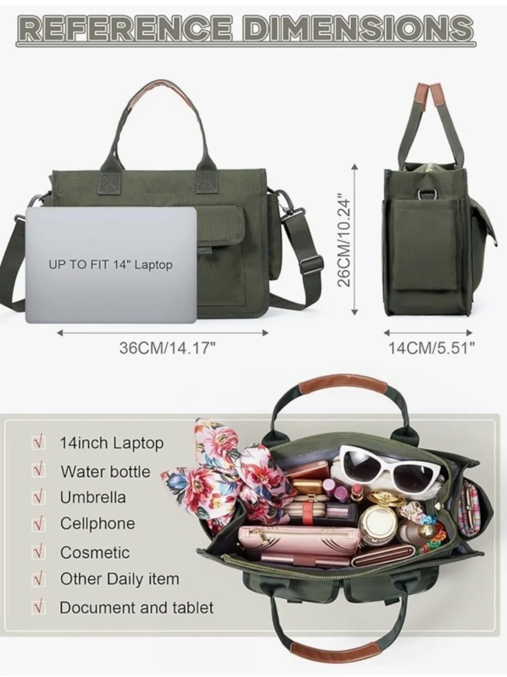 Men's Olive Green Canvas Laptop Tote with Dual Handles and Shoulder Strap